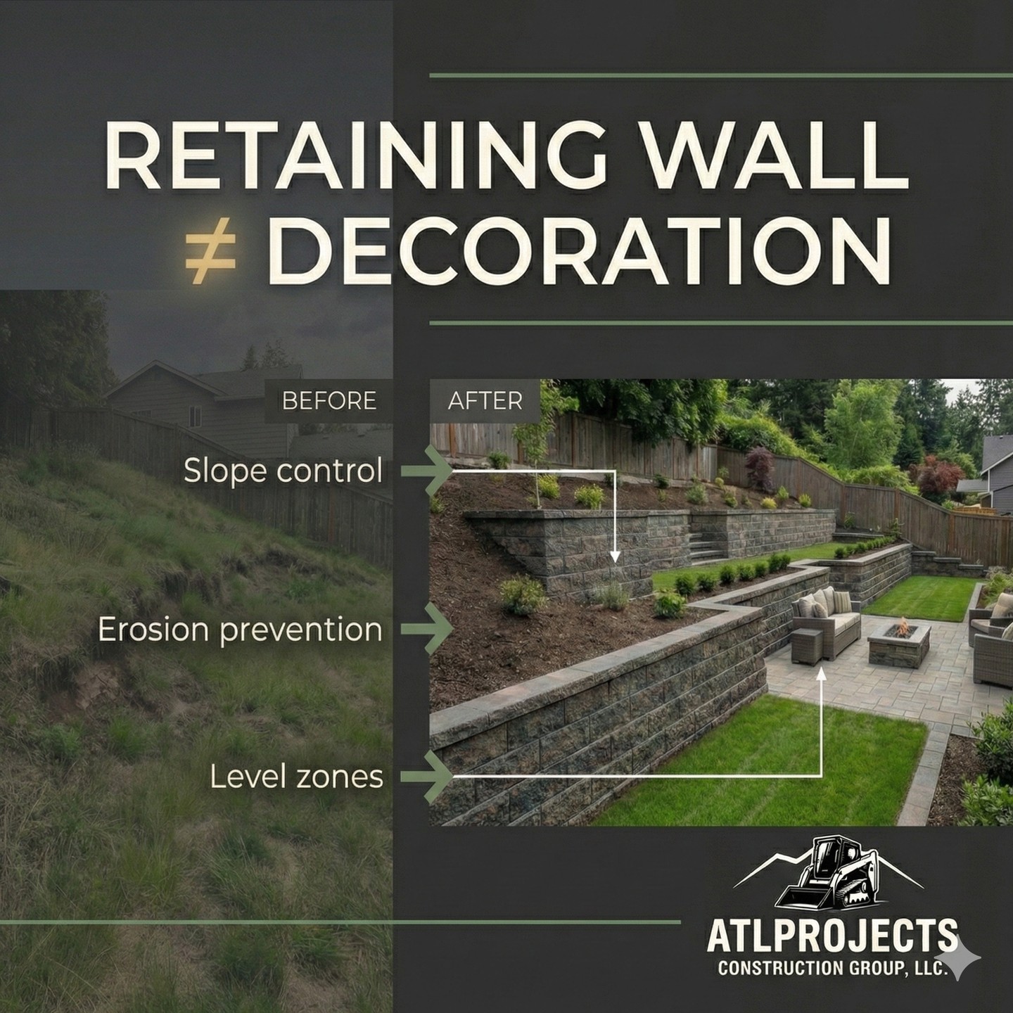 Retaining walls aren’t just “a nice border.” They solve real problems:
• slope control
• soil support
• erosion prevention
• creating level patio zones
If your yard slopes, a wall can turn “unusable space” into “flat, functional space.” Comment SLOPE and we’ll send ideas for terraced layouts.
Visual direction: terraced backyard example + “before slope / after levels.”